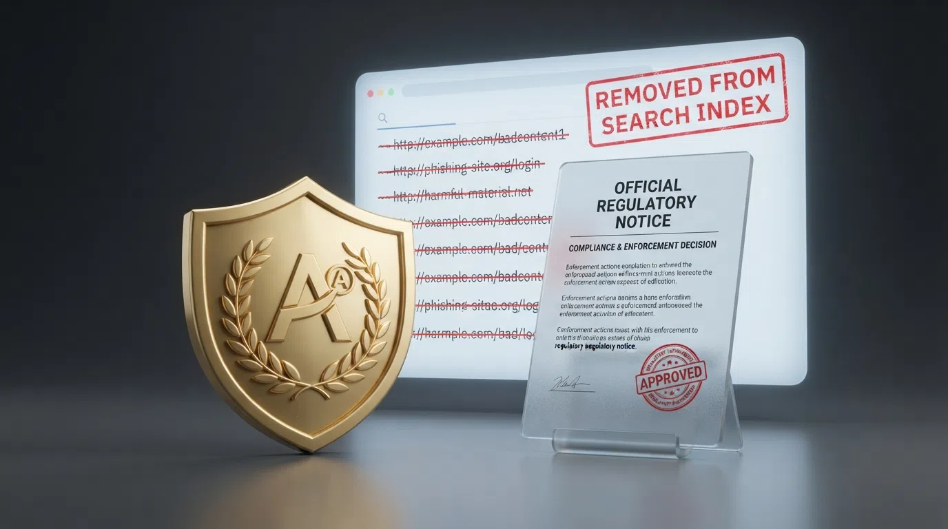 The Gambling Commission logo beside a cease-and-desist notice, with a search-engine results page showing removed URLs in the background