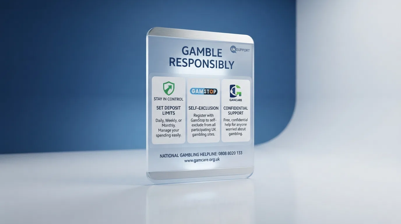 The UK Gambling Commission logo beside a responsible-gambling information panel listing GamStop, GamCare and deposit-limit options