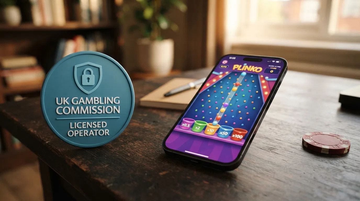 A stylised UK Gambling Commission licence badge beside a smartphone showing a Plinko game screen, with a padlock icon and the GamStop logo visible