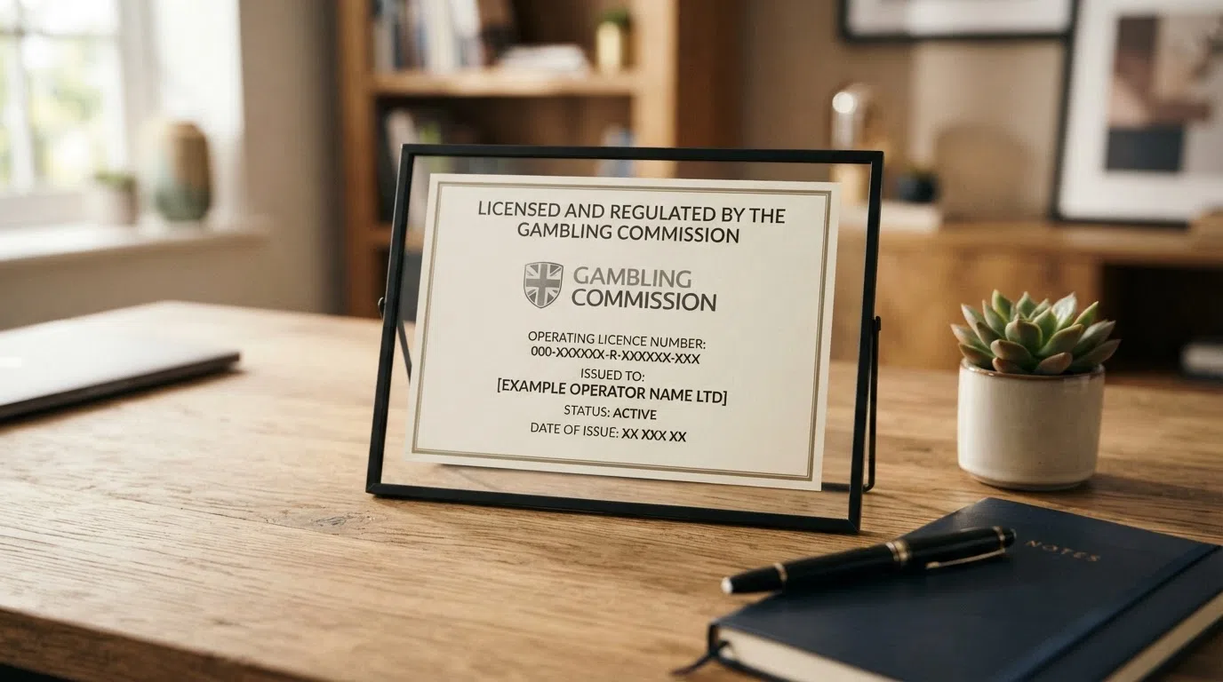 A UK Gambling Commission licence certificate or badge displayed prominently, with the words "Licensed and regulated by the Gambling Commission" legible