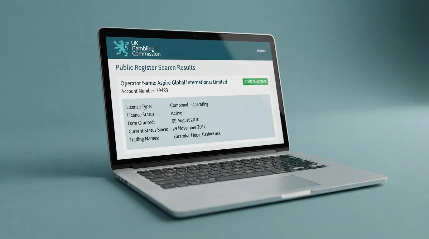 A close-up of the UKGC public register search interface with a licence entry displayed, showing operator name, licence number and status