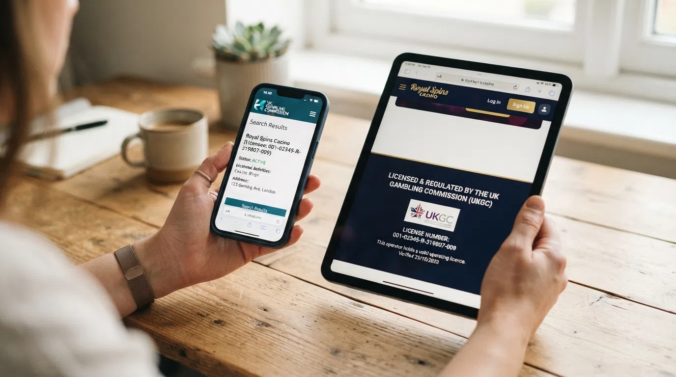 The UK Gambling Commission logo and a screenshot of a casino website footer displaying its UKGC operating licence number and the “Licensed and regulated by the Gambling Commission” statement