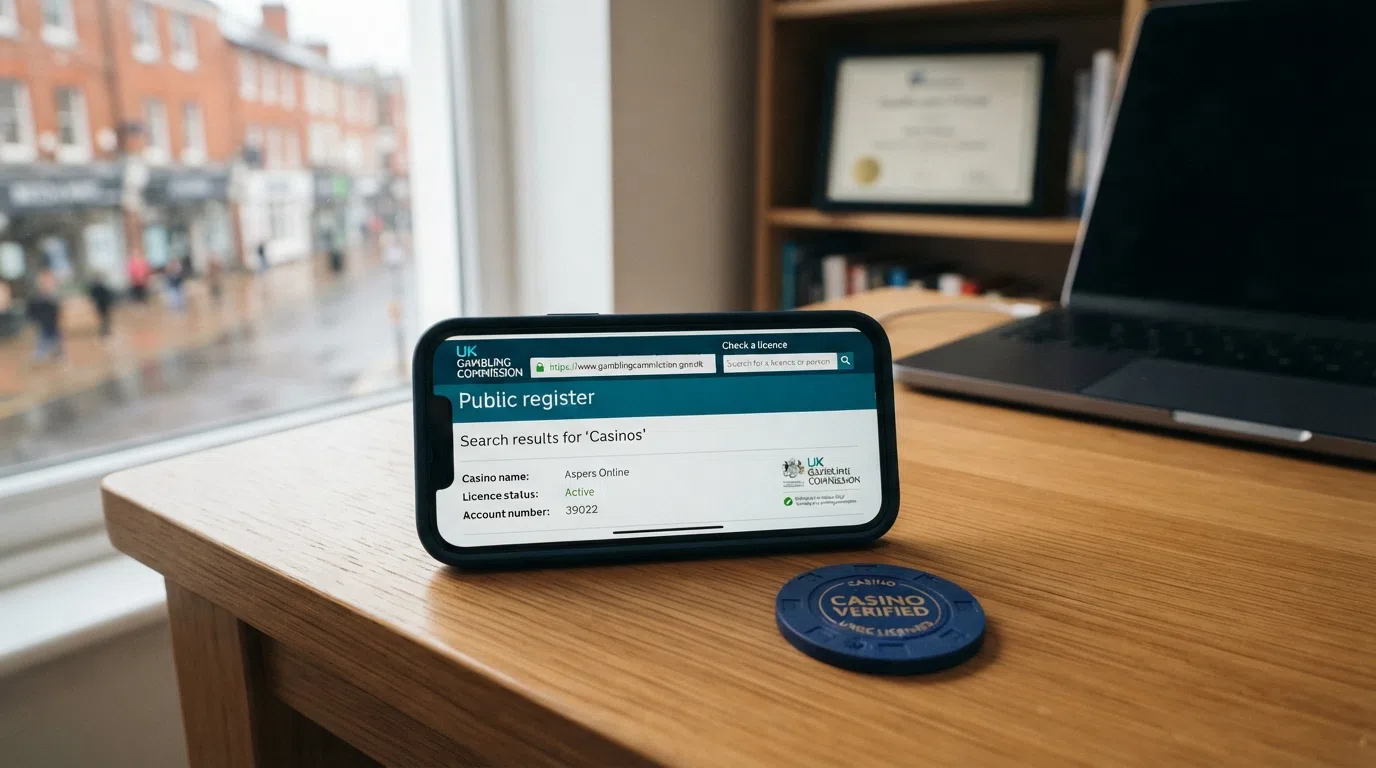 A close-up of a smartphone screen displaying the UK Gambling Commission public register search bar with the words “check a licence” visible, beside a padlock icon on a green background