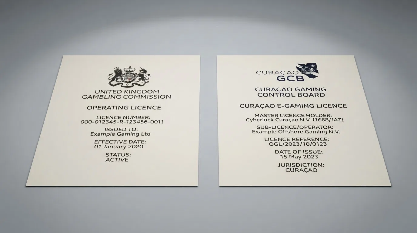 A side-by-side comparison showing a UK Gambling Commission licence certificate next to an offshore gaming licence document