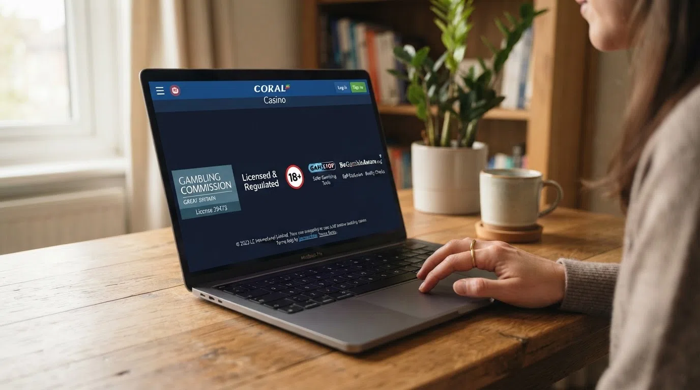 A UK-licensed casino website footer displaying the Gambling Commission licence number alongside GamStop, GamCare and 18+ safer-gambling logos