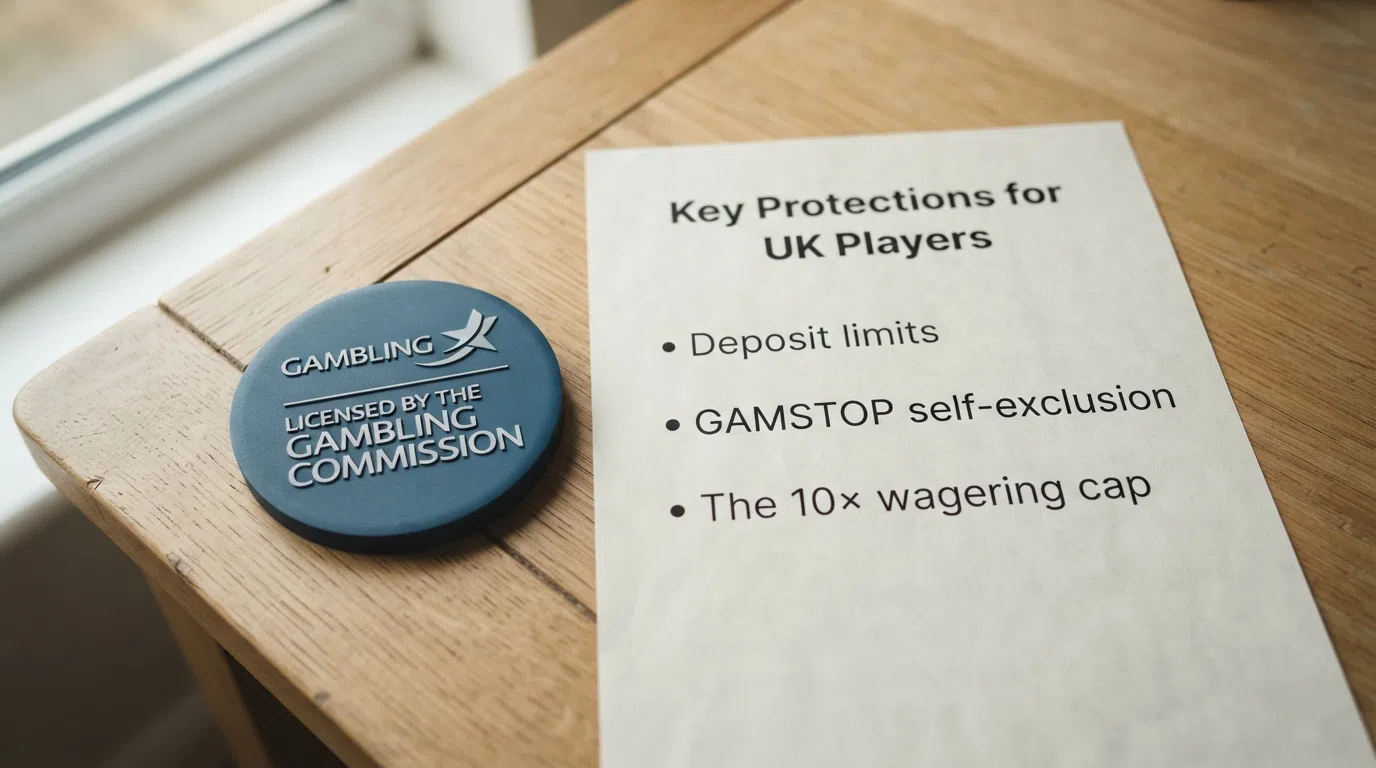 A Gambling Commission licence badge beside a summary of the key player protections that come with it — deposit limits, GAMSTOP and the 10× wagering cap