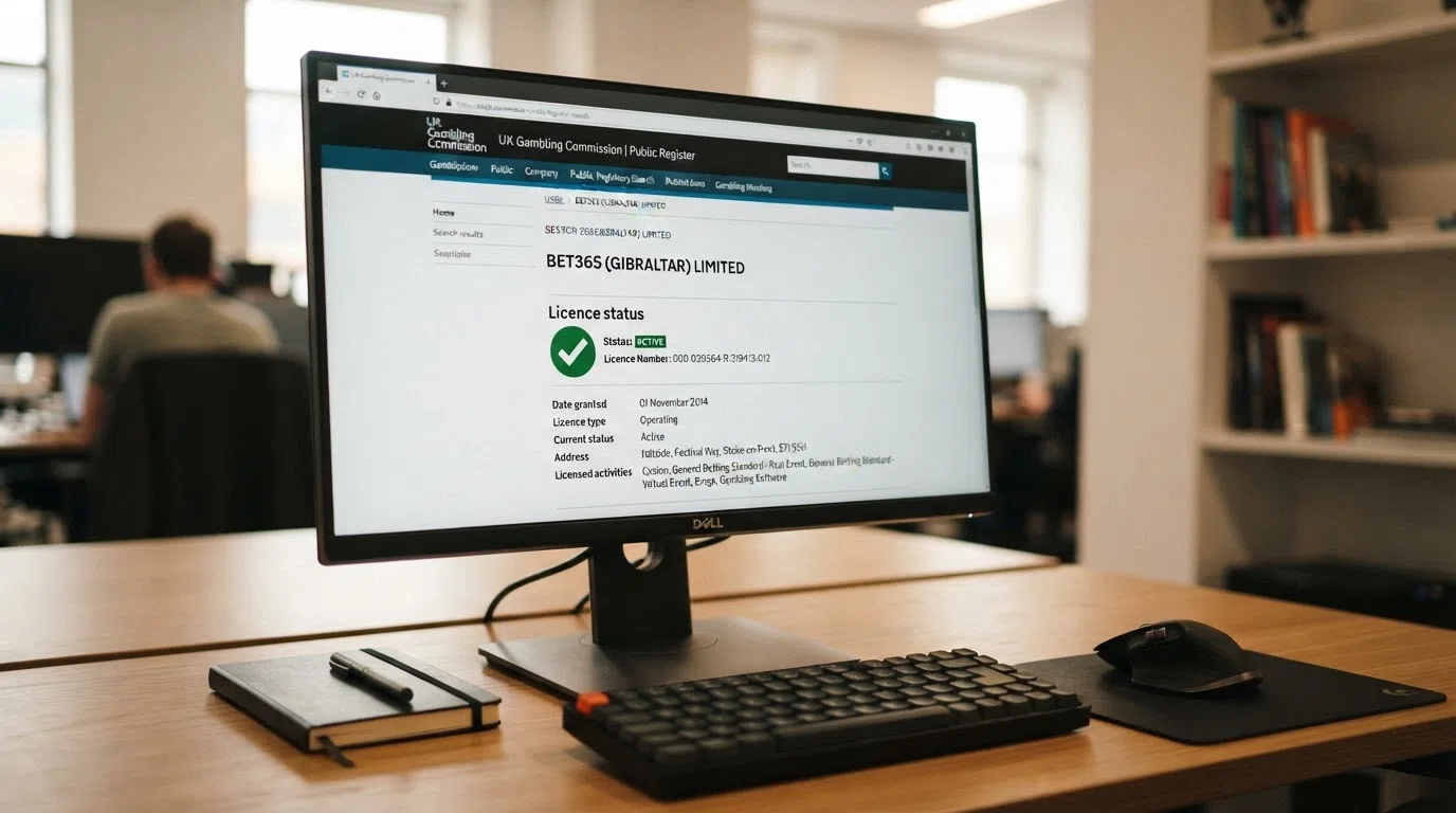 A screenshot-style render of the Gambling Commission public register search interface with a licence-status result visible