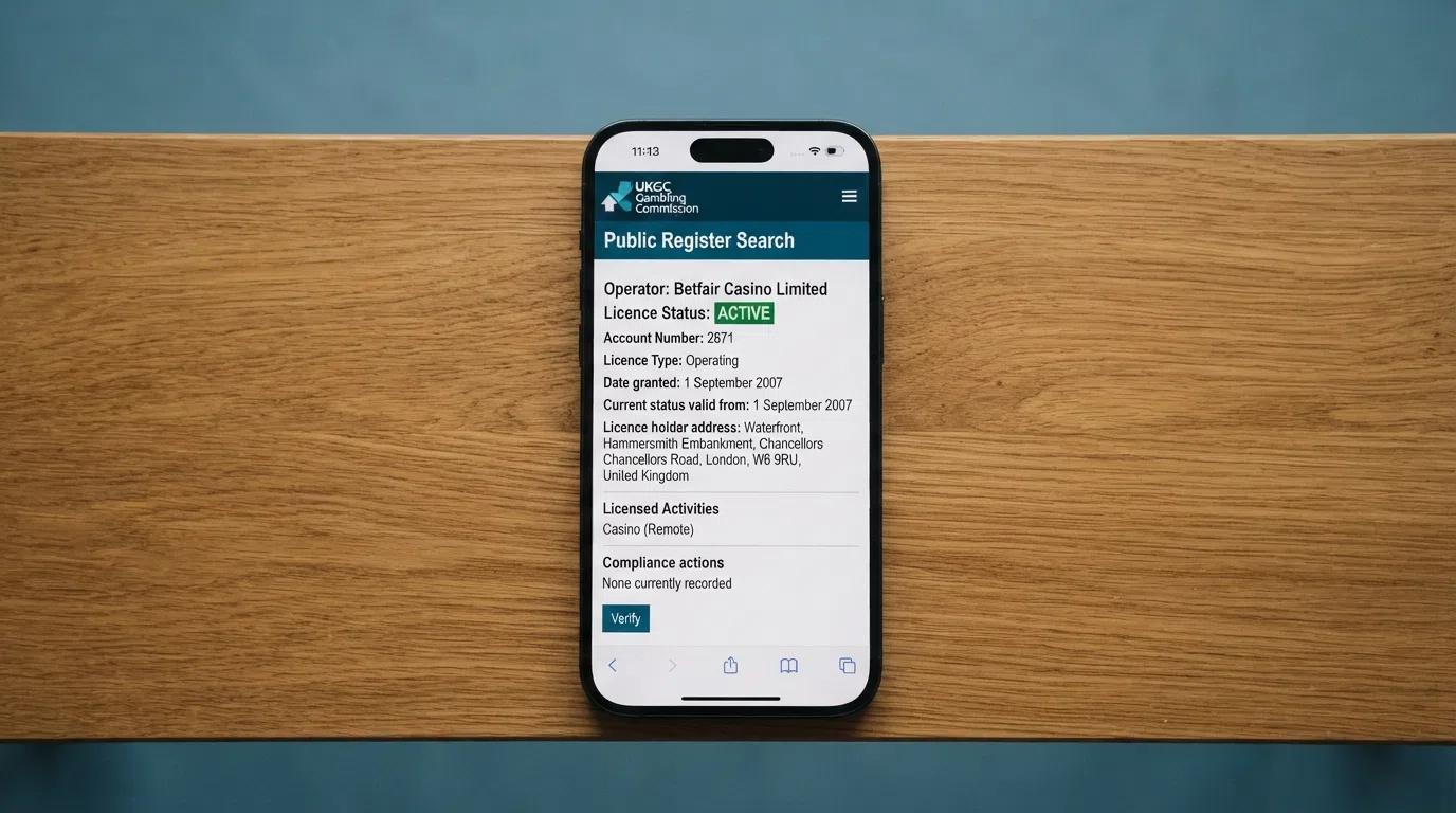 A close-up crop of the UK Gambling Commission public register search interface with a licence-status result visible, framed against a muted regulatory-blue background