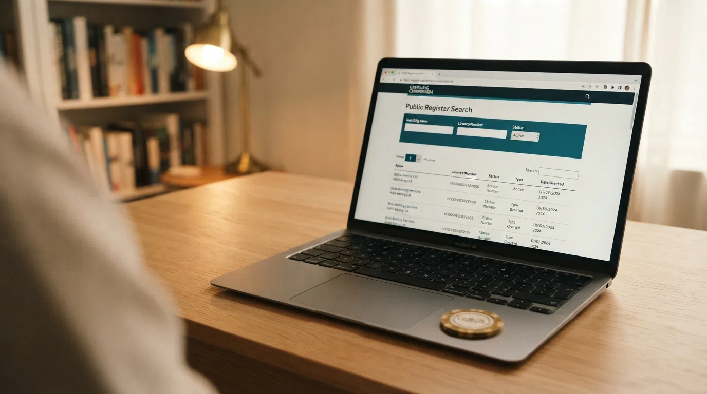 The Gambling Commission public register search interface on a laptop screen, with an operator licence entry visible