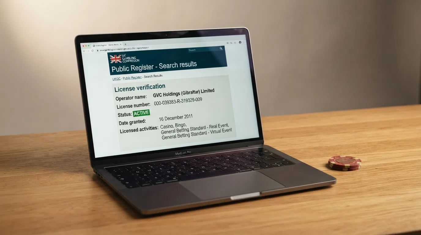 A laptop displaying the UK Gambling Commission public register search page with a licence-verification result visible on screen