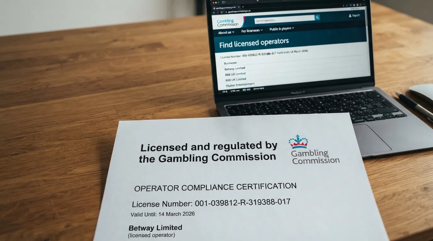 A close-up of the Gambling Commission logo on an official document or website header, with the words “Licensed and regulated by the Gambling Commission” legible