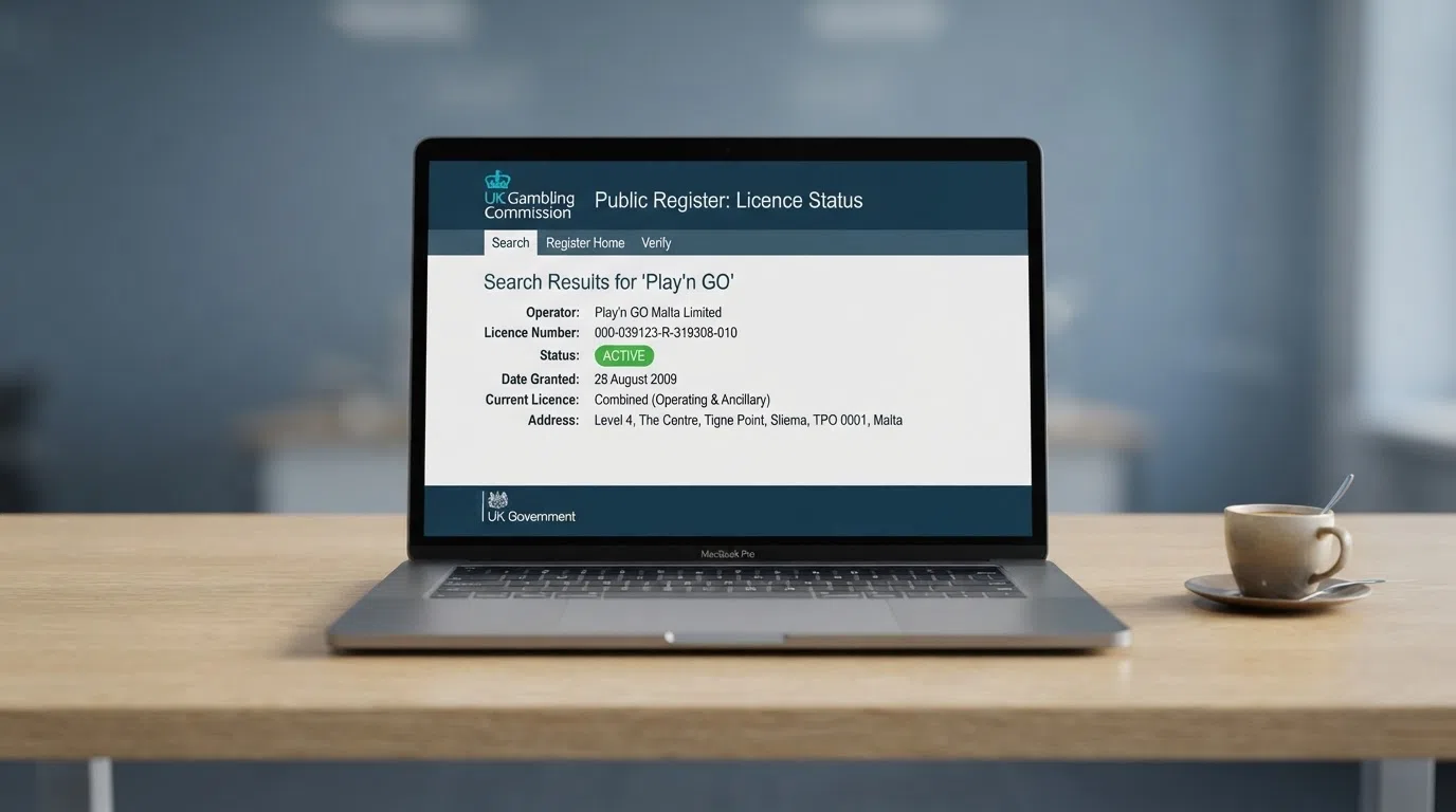 The UK Gambling Commission public register interface with an active licence status indicator displayed alongside the Play'n GO and operator licence entries