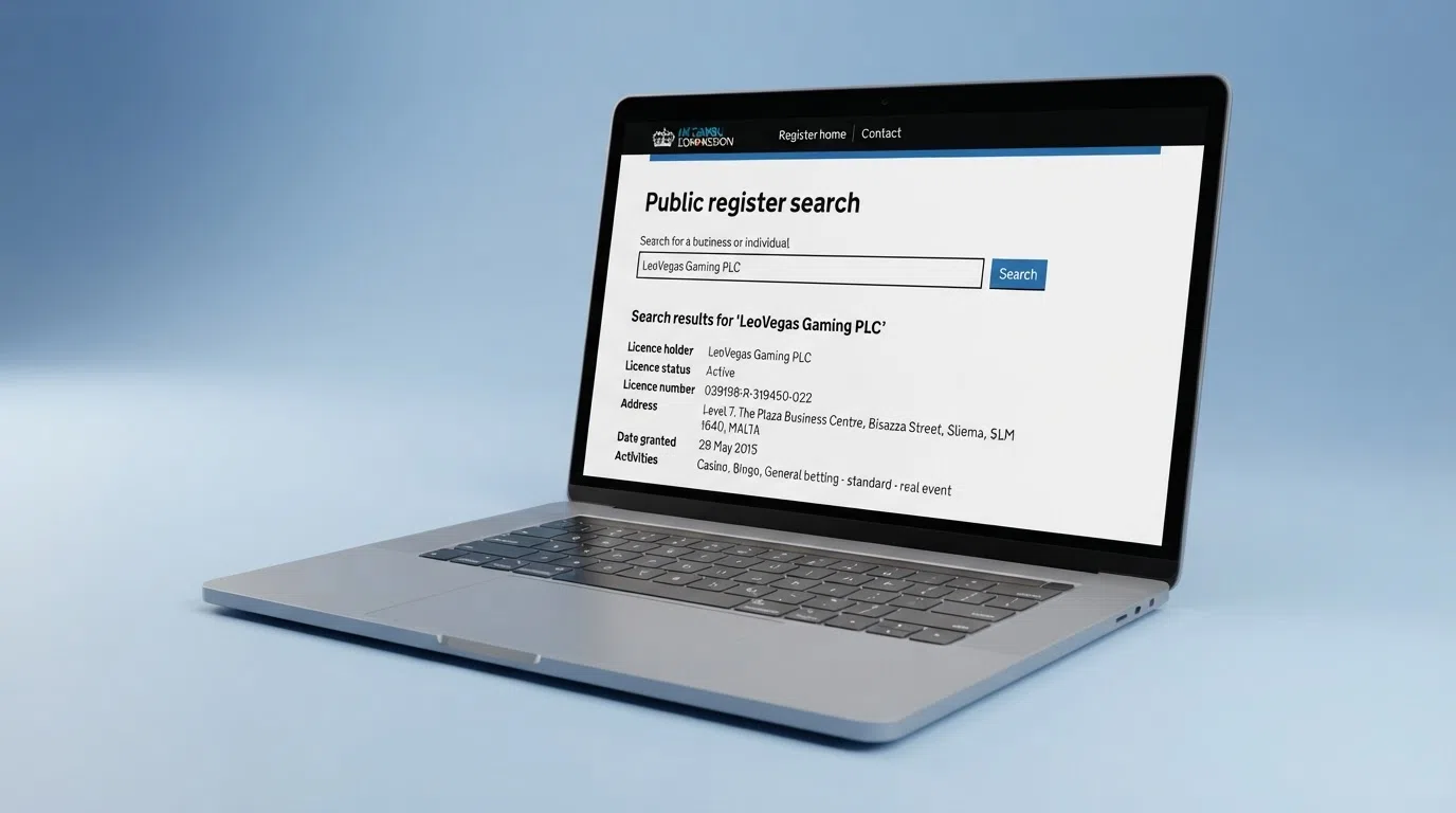 A close-up of the UK Gambling Commission public register search page on a laptop screen, with a casino name entered in the search field and a licence-holder record visible below