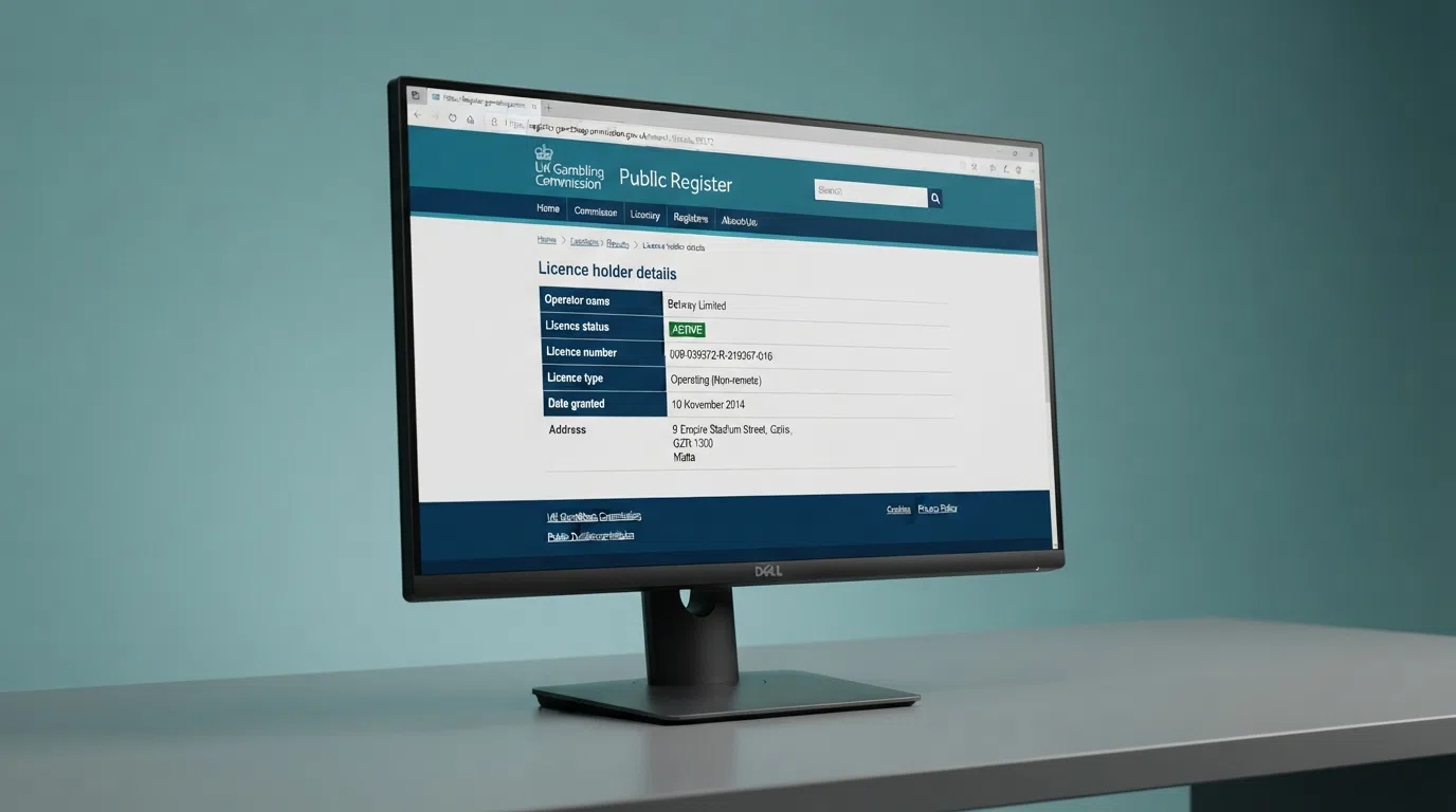 The Gambling Commission online public register search interface on a desktop screen with a licence-holder result displayed