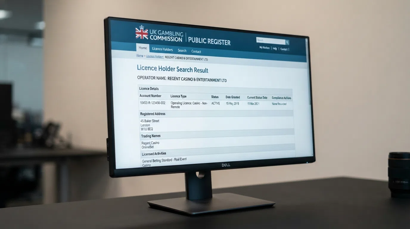 The UK Gambling Commission public register website showing a casino operator licence search result with account number and status fields