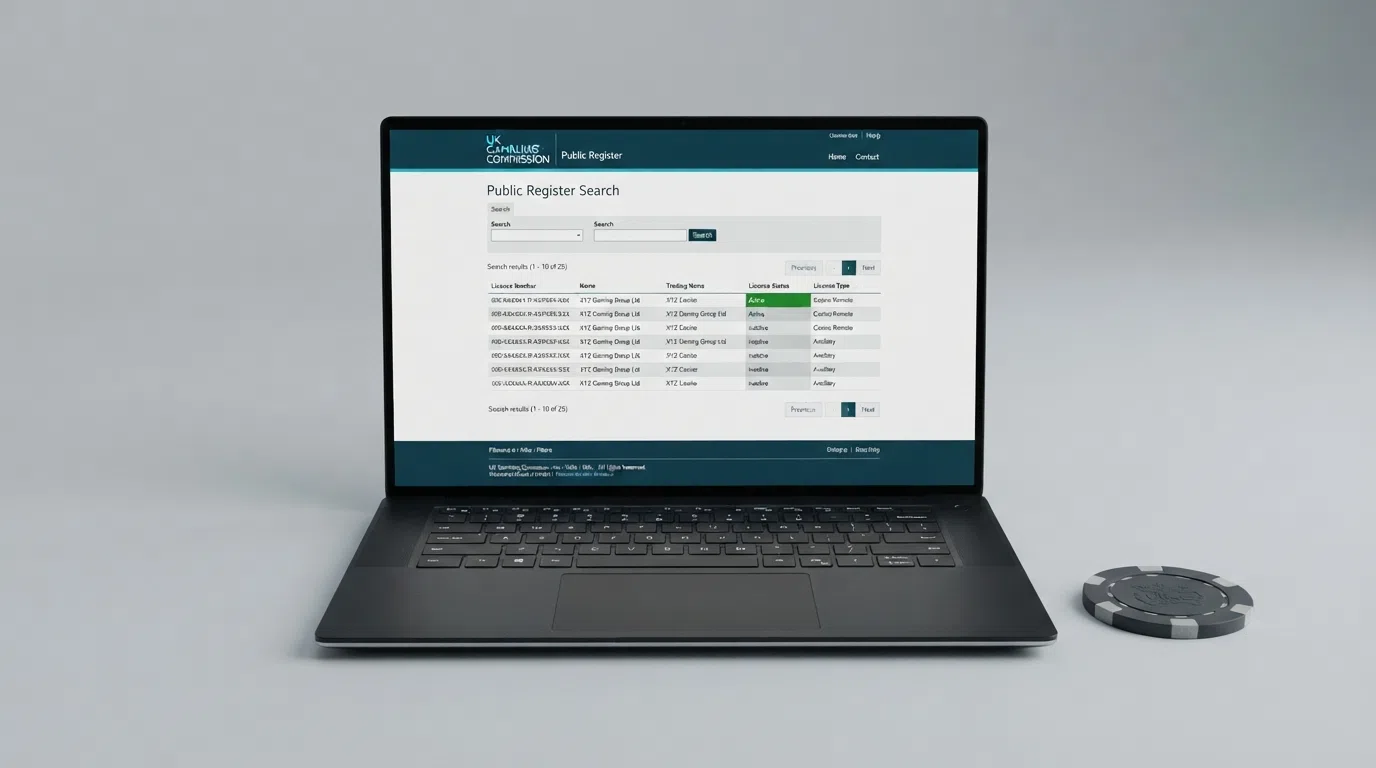 The UK Gambling Commission public register search page with an operator licence-status entry visible on screen