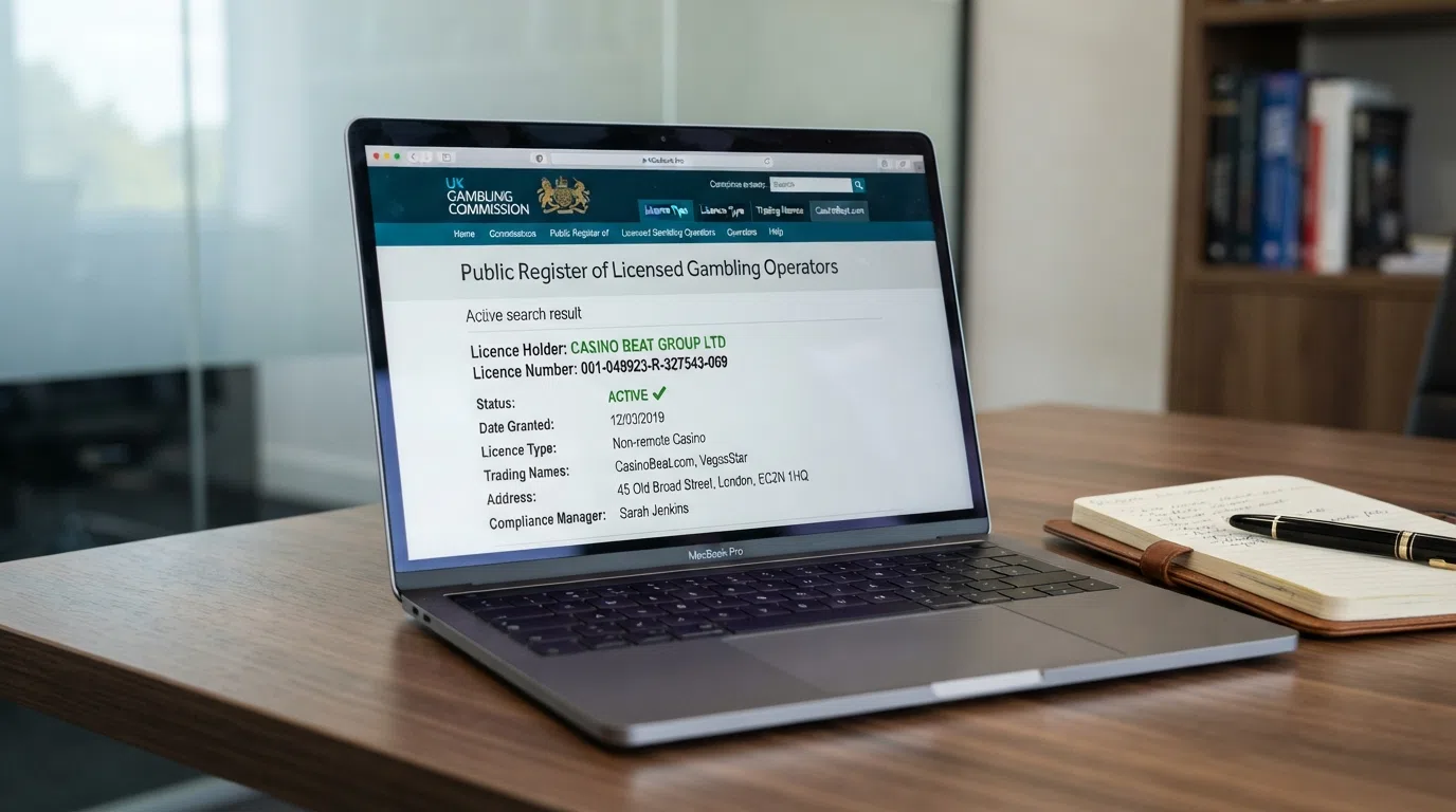 A close-up of a computer screen showing a UK Gambling Commission licence-holder search result with an active status indicator