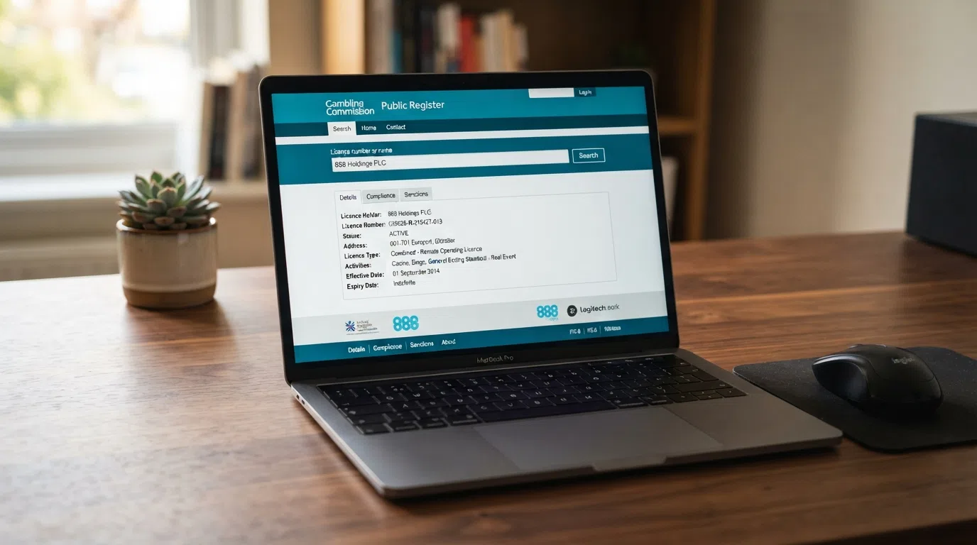 The Gambling Commission public register search interface on a screen, with a licence-holder record visible