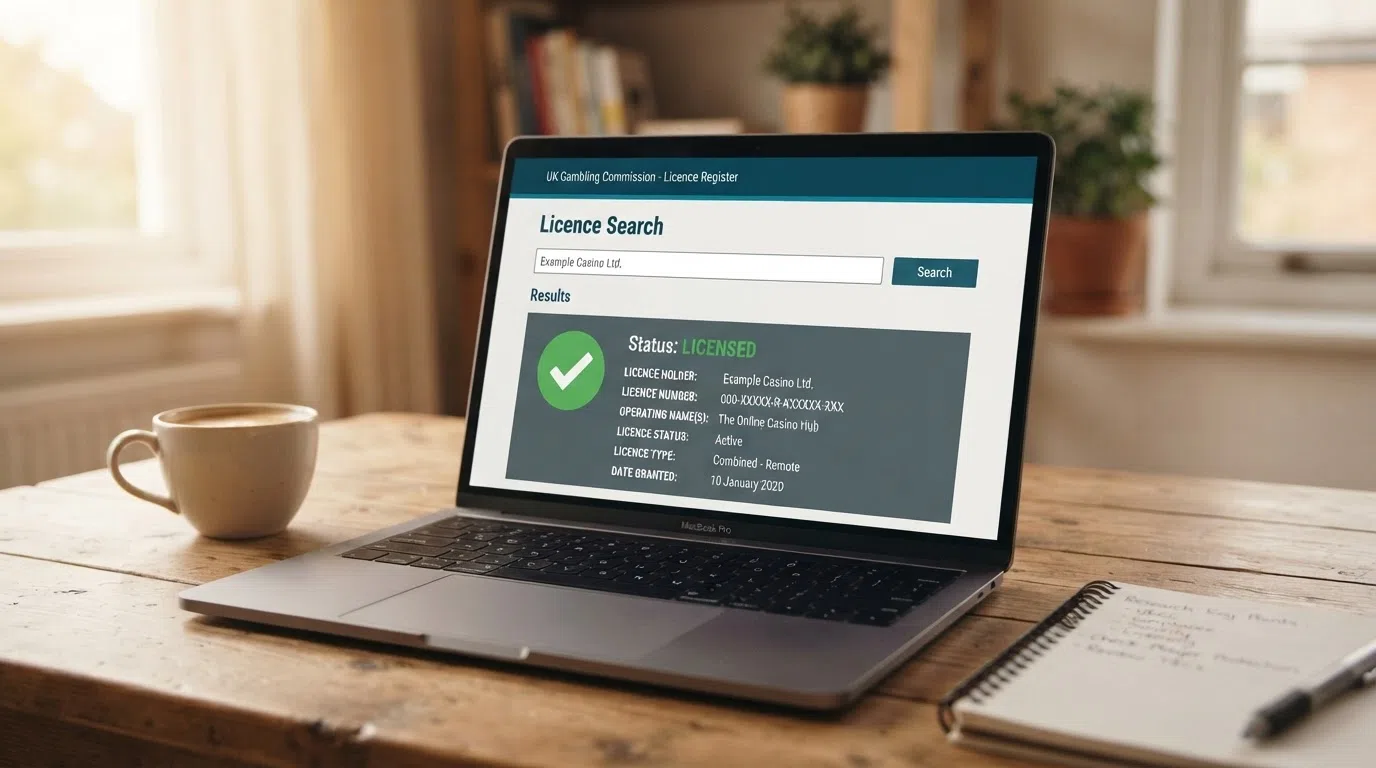 A laptop screen showing the UK Gambling Commission public register search page with a casino name entered and the licence-status result visible