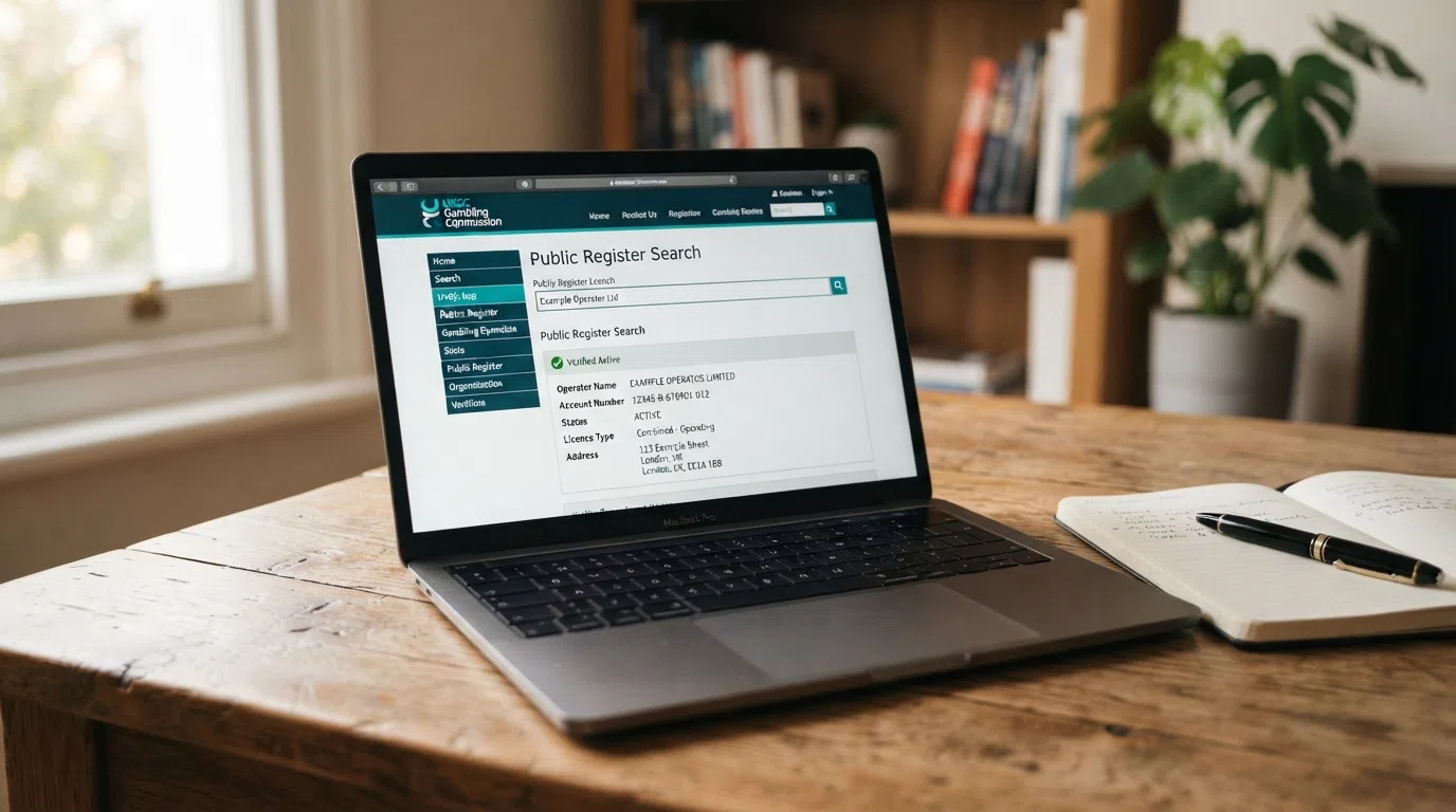 The UK Gambling Commission public register search interface displaying a verified active Casino Remote licence entry with the operator's account number and licence status