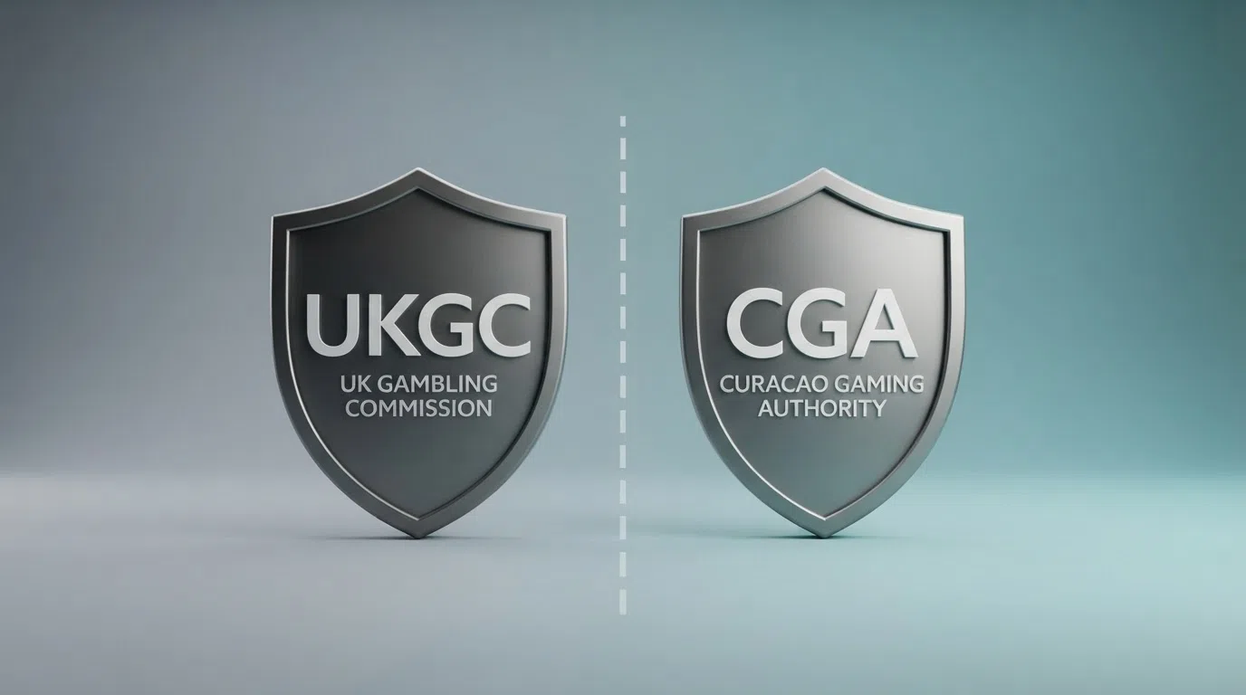 A split-comparison visual showing the UK Gambling Commission logo on one side and the Curaçao Gaming Authority mark on the other, with a dashed line between them labelled with key regulatory differences