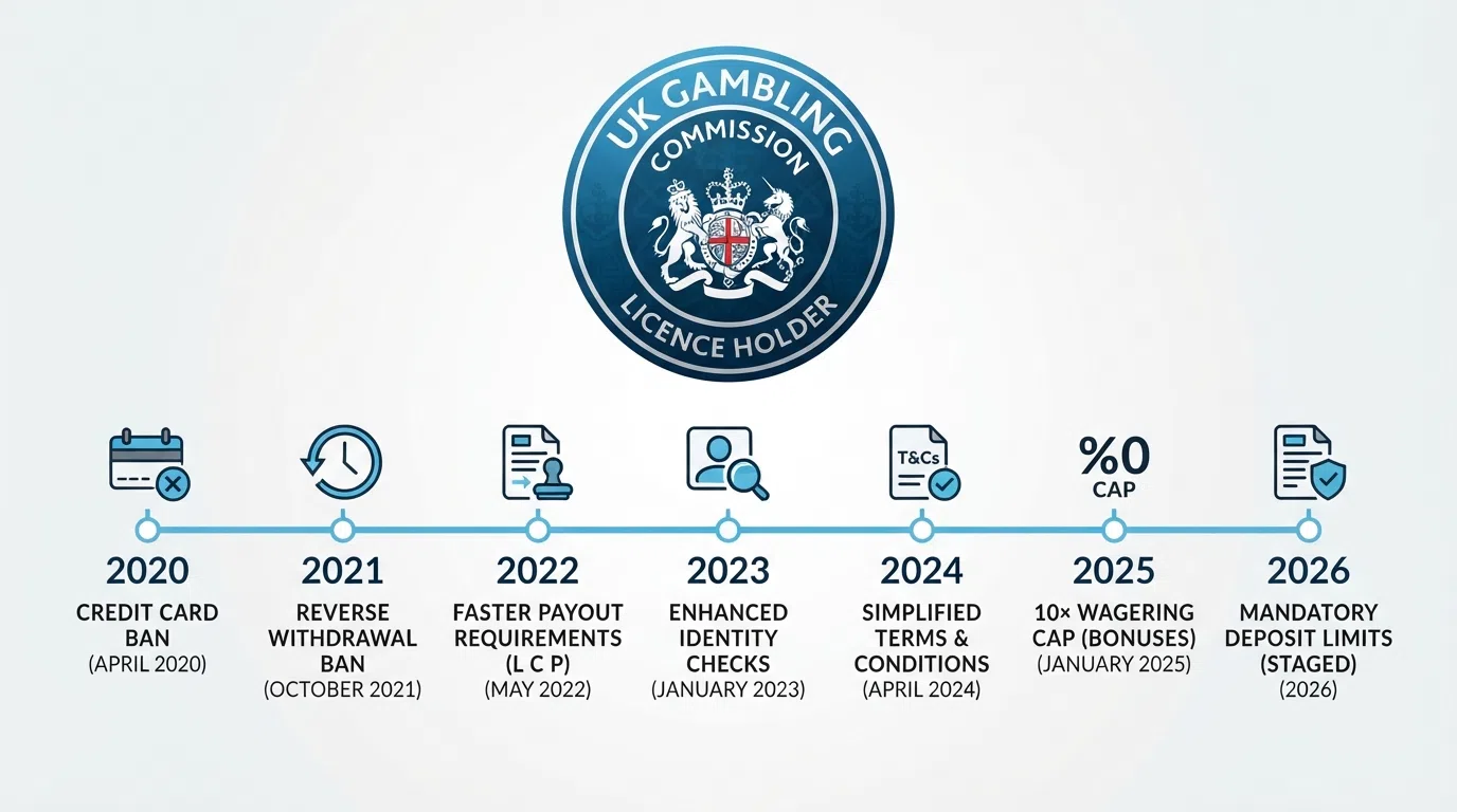 A simplified visual of the Gambling Commission licence badge alongside a timeline showing key withdrawal-shaping rules — credit card ban (2020), reverse withdrawal ban (2021), 10× wagering cap (2025) — in chronological order