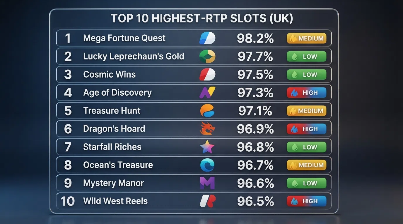 A ranked comparison layout showing slot titles alongside their RTP percentages, provider logos and volatility badges