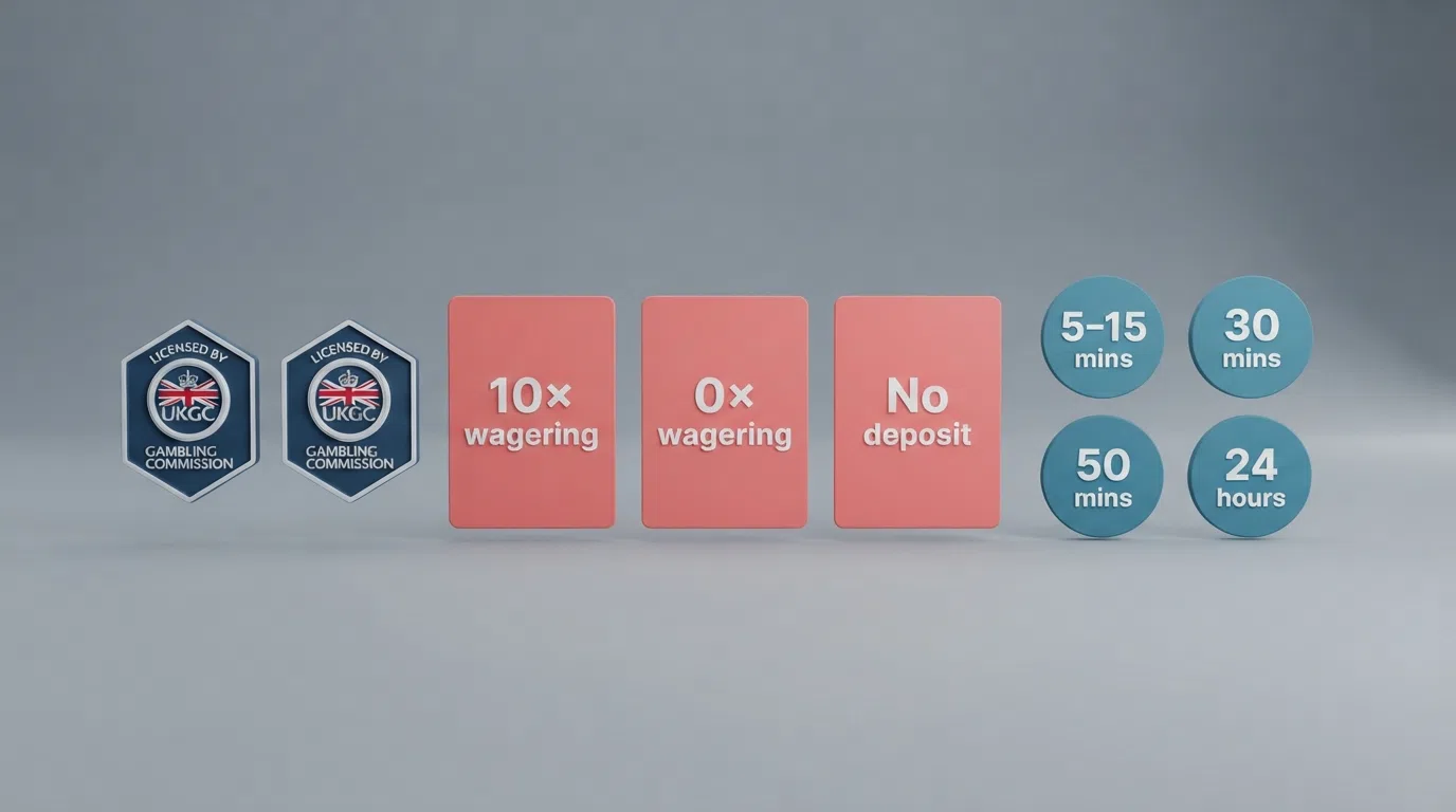 A side-by-side arrangement of UKGC licence badges, bonus-offer cards and withdrawal-speed indicators for the featured operators