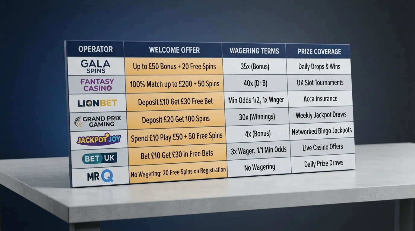 A side-by-side comparison grid showing UK-licensed casino operator names alongside their welcome offers, wagering terms and jackpot networks