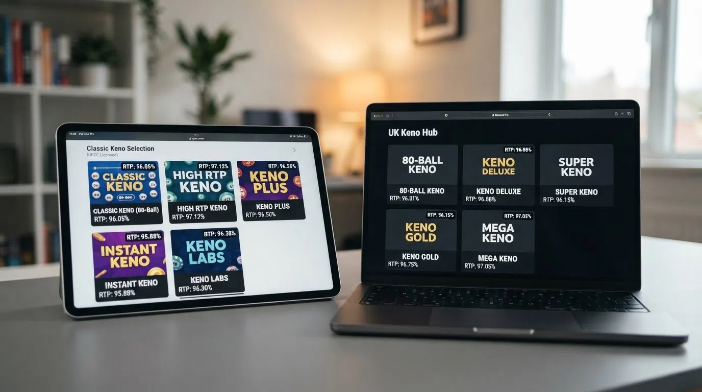 A clean split-screen layout showing keno game lobbies from two different UK-licensed casino sites, with variant thumbnails and RTP labels visible