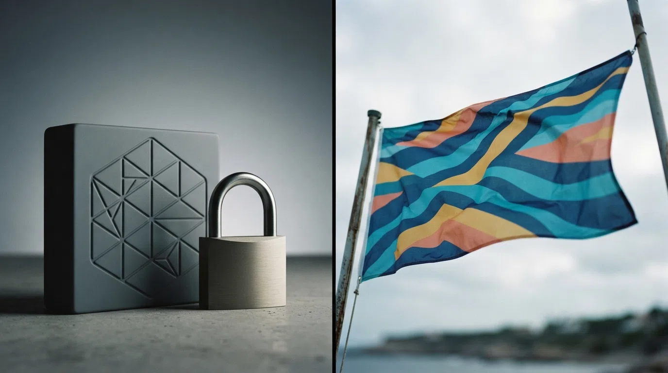 A UK Gambling Commission seal beside a padlock and an offshore island flag, split by a line