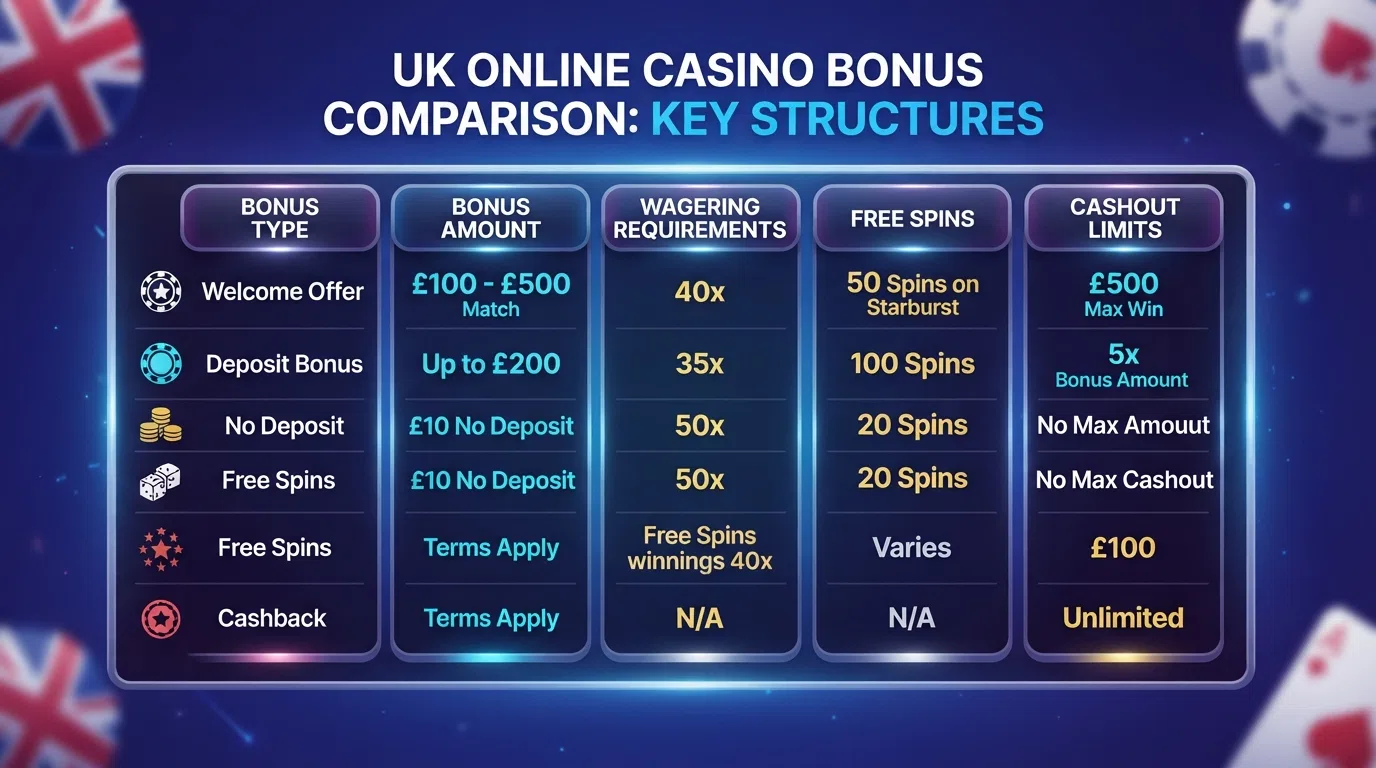 A comparison table with casino logos, bonus amounts, wagering requirements and free-spins counts arranged in ranked order