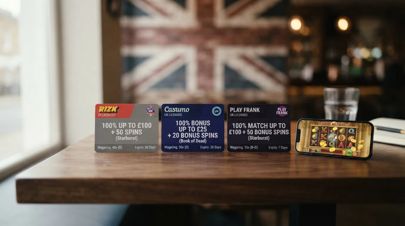 A visual comparison layout showing UK casino brand cards or a table-style arrangement with key bonus figures highlighted — spin count, wagering multiplier and expiry — against a UK flag or regulatory motif