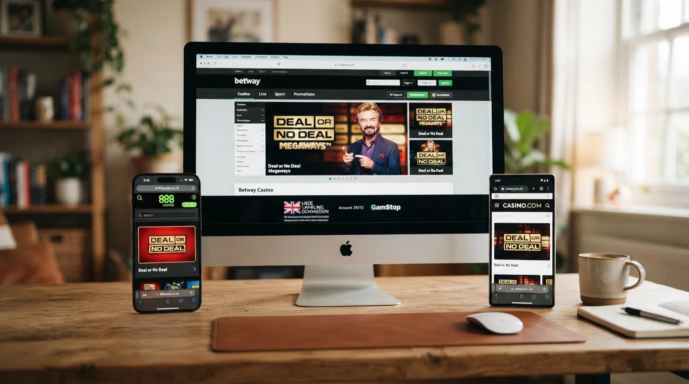 A split-screen comparison view — three UK-licensed casino site homepages (desktop and mobile) each showing a Deal or No Deal slot thumbnail in their game lobby, with the UKGC licence badge visible on one footer