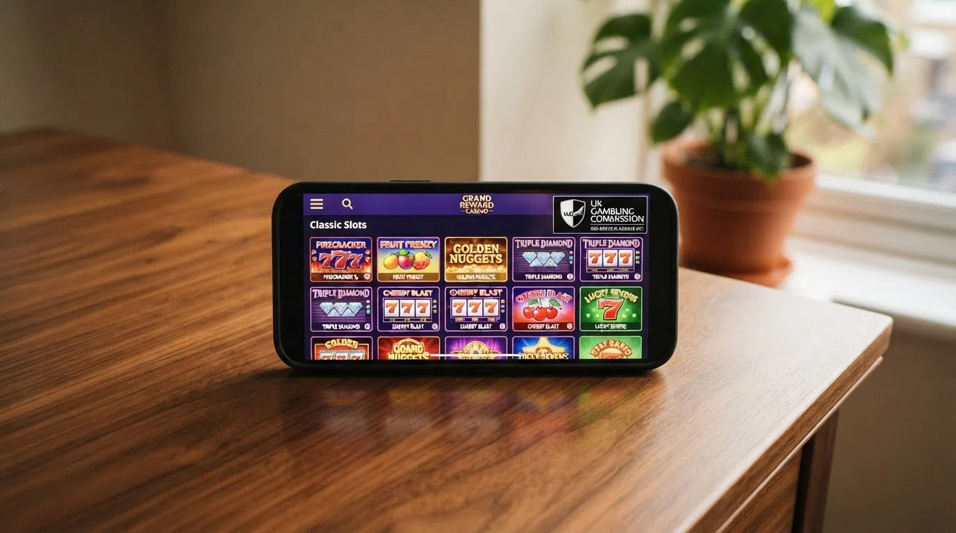 A UK casino lobby screen filtered to the classic-slots category, showing a grid of 3-reel title thumbnails alongside the UK Gambling Commission licence badge