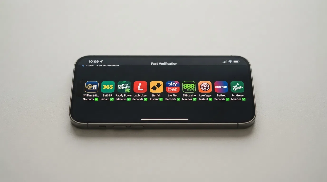 A row of ten UK-licensed casino app icons arranged horizontally, each with a green checkmark and a time label beneath — “Seconds,” “Minutes,” or “Instant” — showing the verification speed at each operator