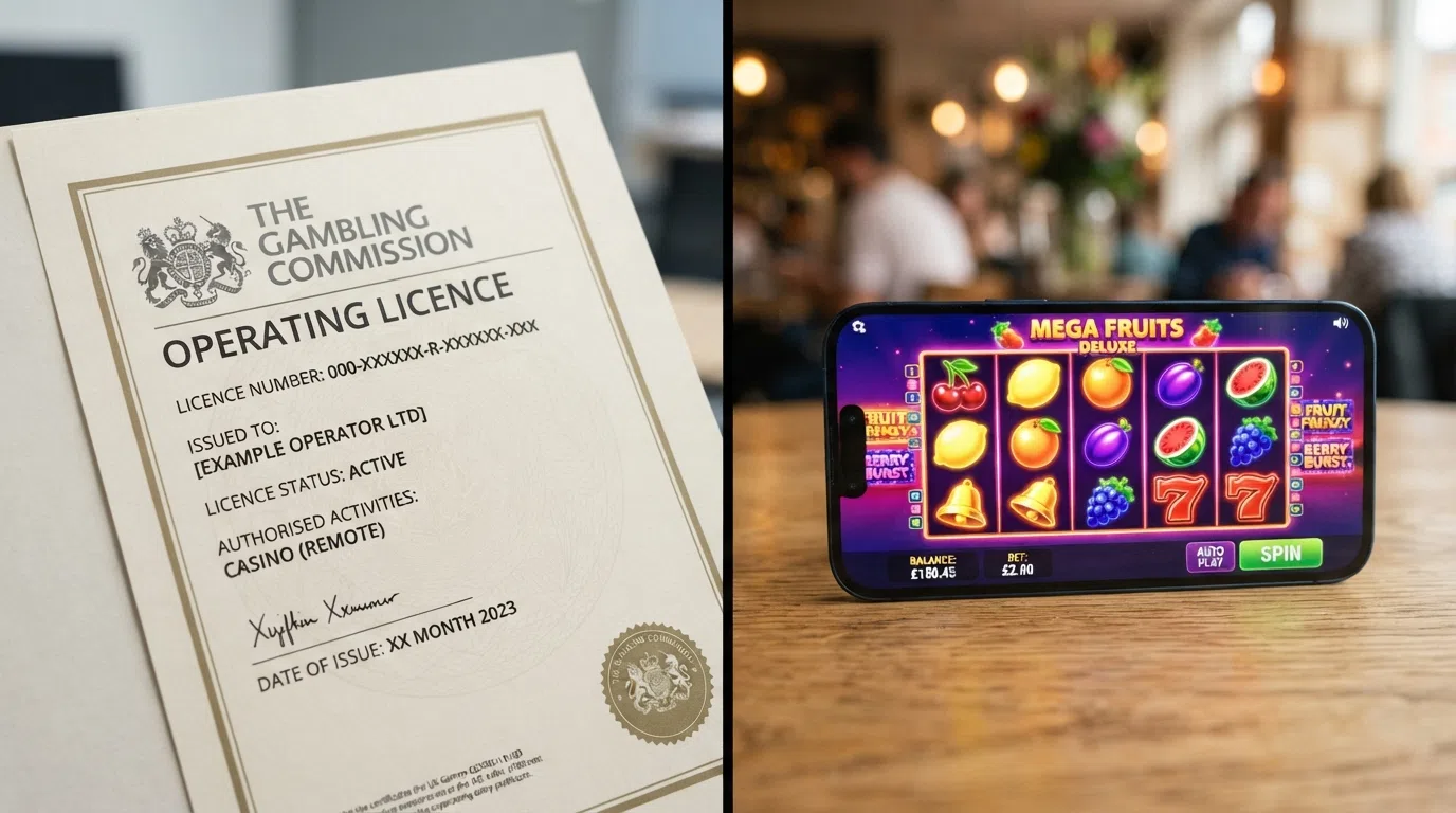 A split-screen composition: on the left a UKGC licence certificate detail, on the right a smartphone displaying a fruit slot game lobby with colourful fruit symbols