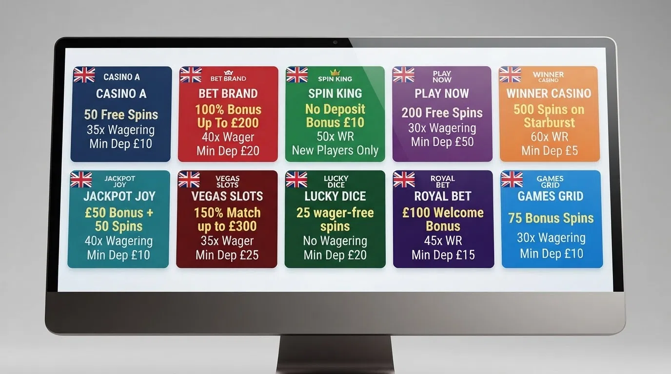 A grid of ten UK-licensed casino brand cards arranged on a desktop display, each marked with a British flag badge and key offer terms