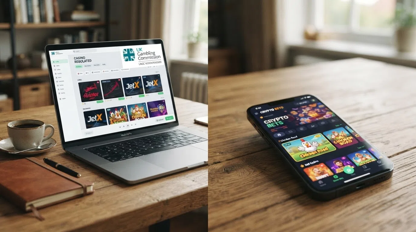 A split visual contrasting a UKGC-licensed casino lobby (showing regulated crash-game alternatives) with an offshore crypto casino lobby (showing Chicken Road available to play)