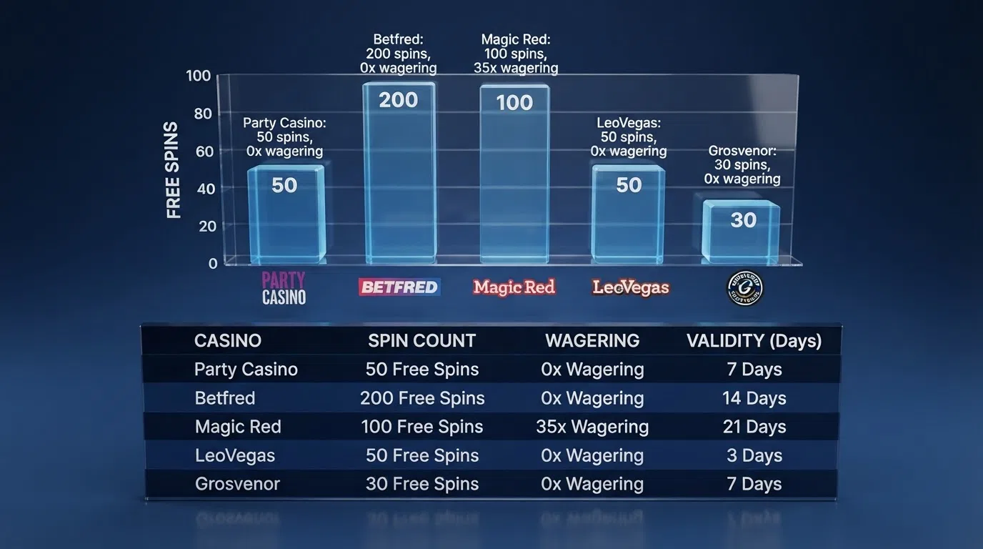 A side-by-side list of UK-licensed casino welcome offers showing free-spin counts and wagering figures