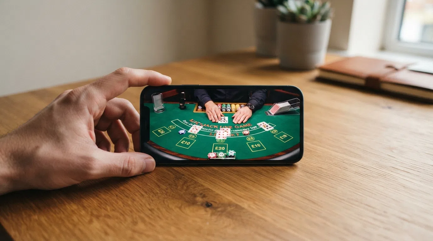 A grid of UKGC-licensed live casino brand logos arranged side by side above a smartphone showing a live blackjack table