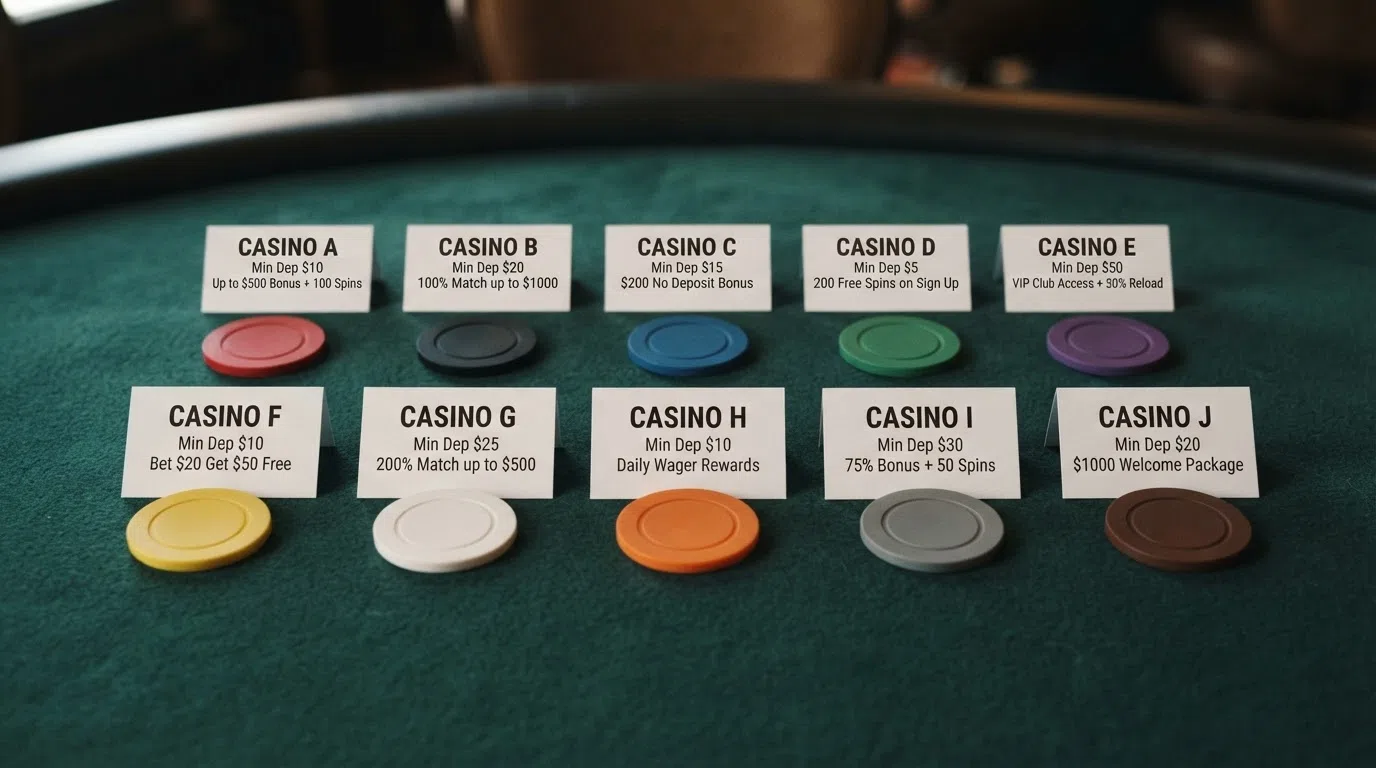 Ten UK online casino logos arranged in a ranked grid, with each logo's minimum deposit and welcome-offer summary printed beneath it, against a clean comparison-chart background
