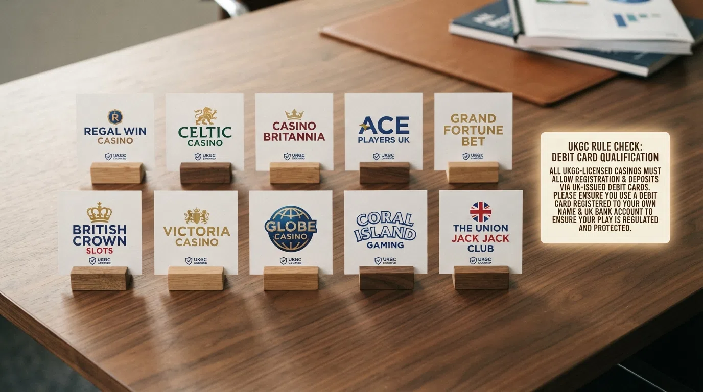 A simplified visual comparison of the ten featured casino logos arranged by welcome-offer value and Mastercard bonus eligibility, with a highlighted call-out showing the debit-card qualification rule