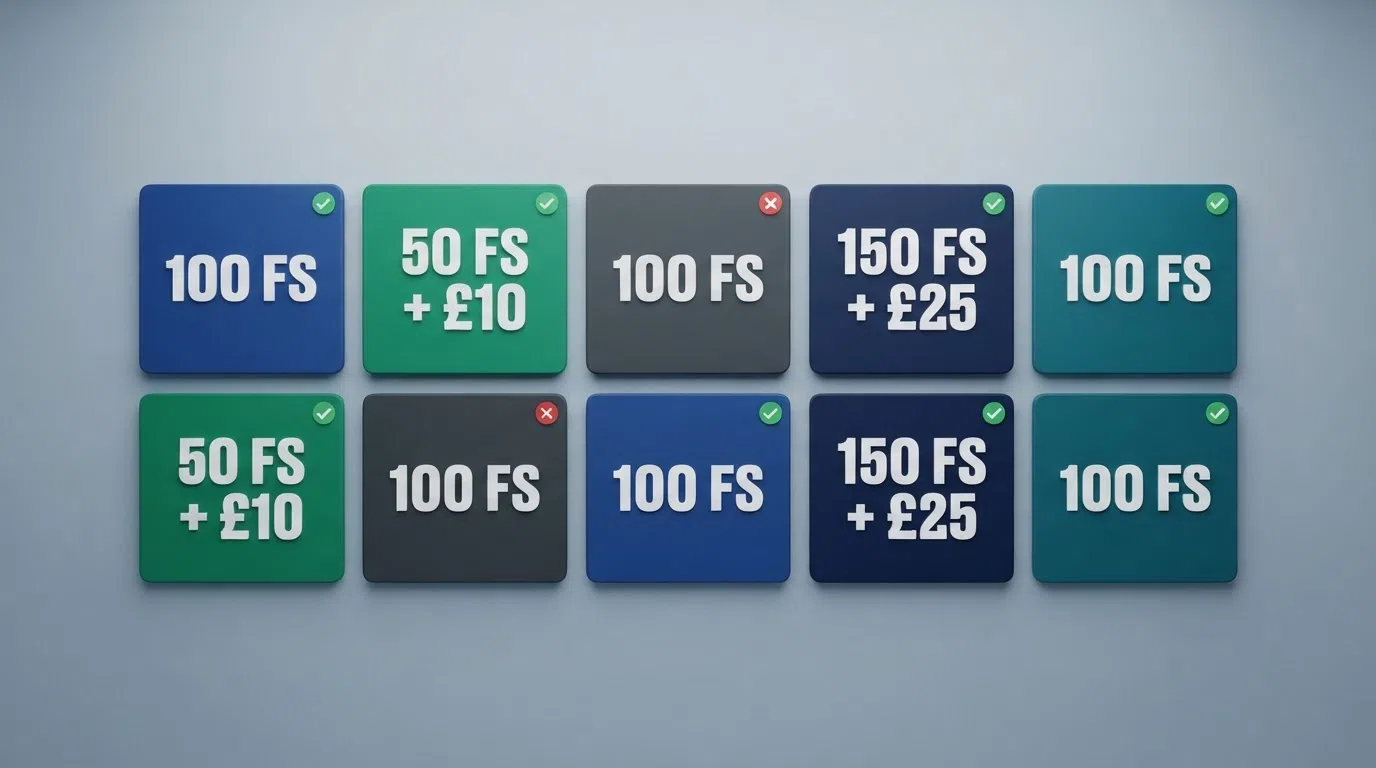 A side-by-side grid of UK casino welcome-offer cards showing free-spin counts and wagering figures, with Neteller eligibility ticks and crosses
