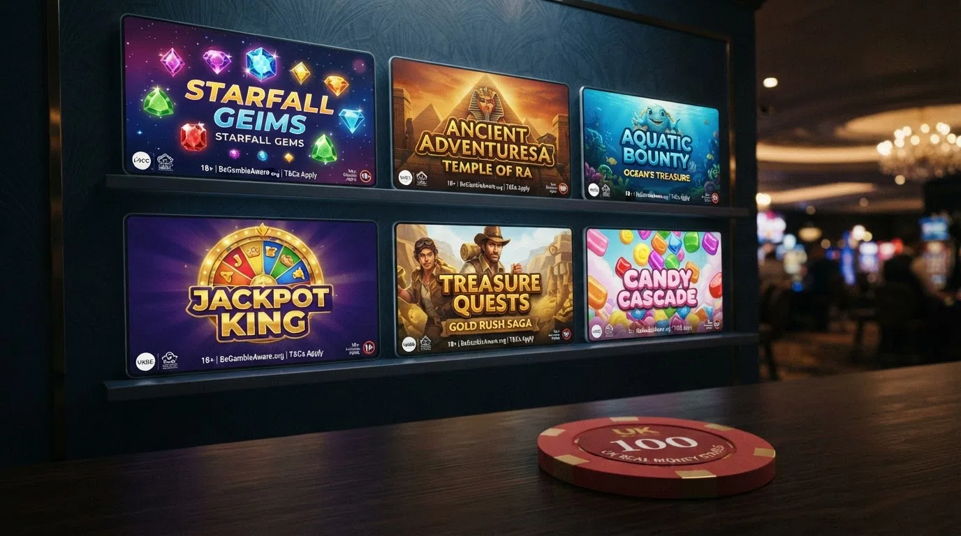A grid of six slot-title cards — Starburst, Book of Dead, Big Bass Bonanza, Mega Moolah, Gonzo's Quest, Bonanza Megaways — against a dark casino-lobby background
