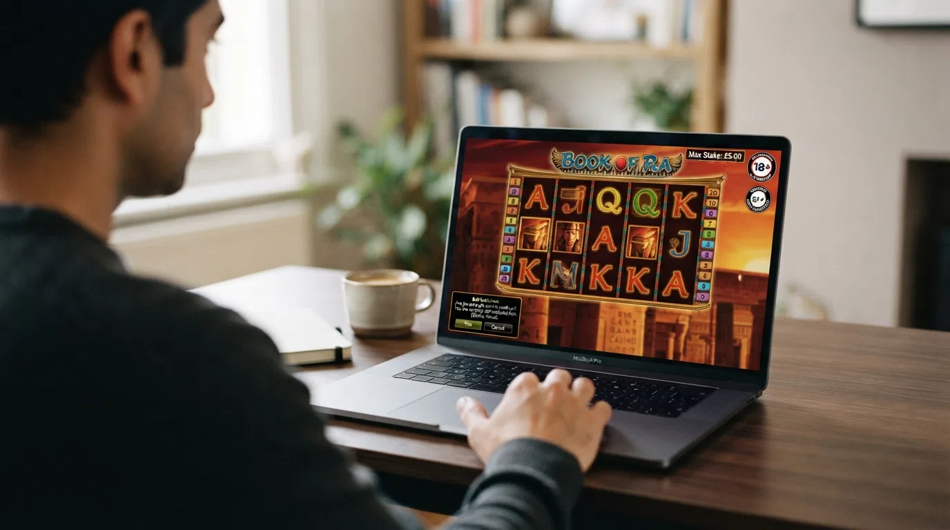 A close-up of a slot game screen showing a maximum stake indicator beside the UK Gambling Commission logo and a GAMSTOP self-exclusion confirmation screen