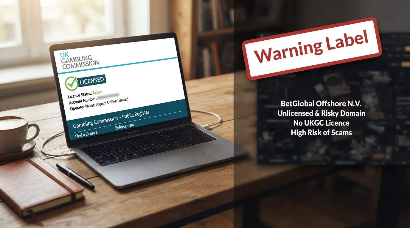 A split visual contrasting a UKGC licence badge and the Gambling Commission public register interface with a warning label over an unlicensed offshore casino domain