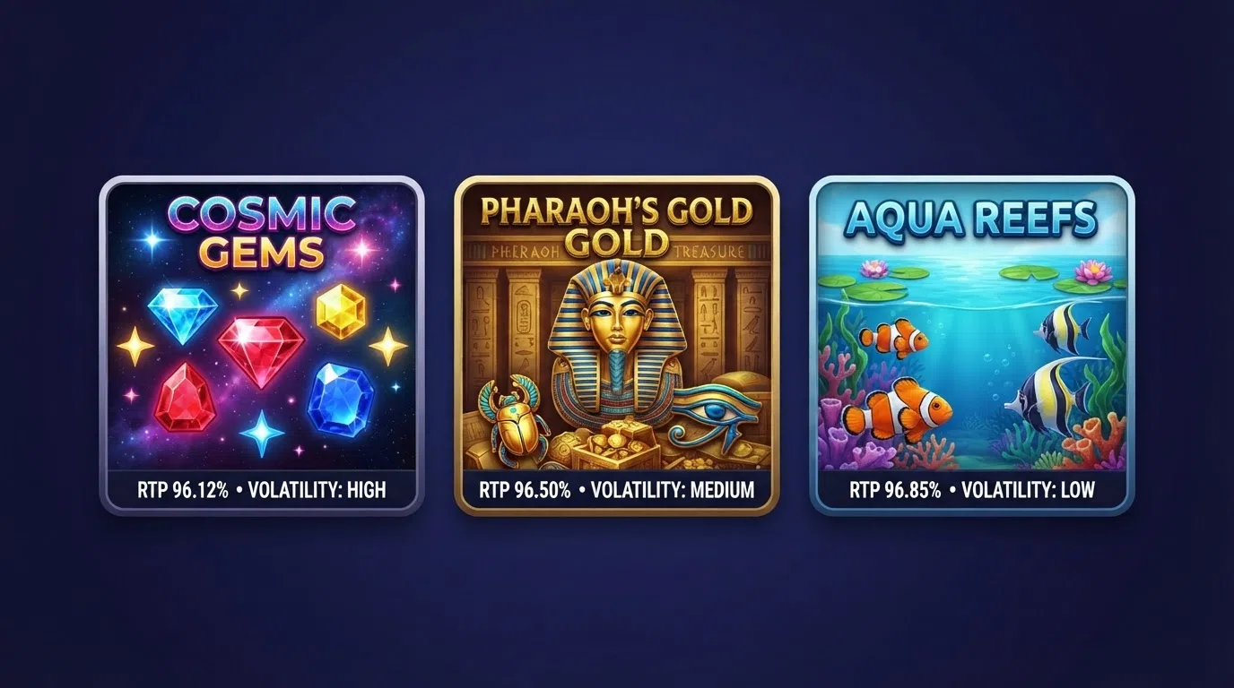 A side-by-side view of three slot game tiles — Starburst, Book of Dead, and Big Bass Splash — each displaying its RTP percentage and volatility label beneath the title card