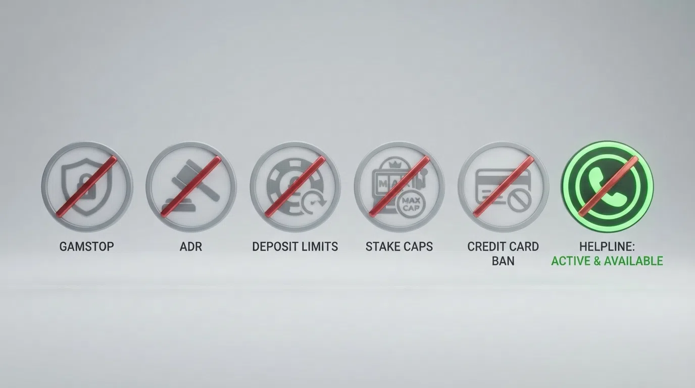 A visual checklist of six UKGC protections — GAMSTOP, ADR, deposit limits, stake caps, credit card ban, financial checks — with five of the six greyed out or crossed through, leaving one highlighted