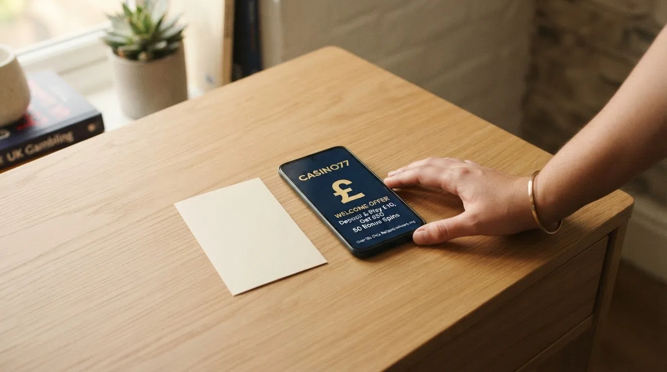 UK casino brand logos displayed alongside key welcome-offer figures — free-spins count and wagering multiplier